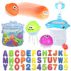 Bath Toy Sets, 36 Foam Bath Letters and Numbers, Floating Squirts Animal Toys Set with Fishing Net and Organizer Bag, Fish Catching Game for Babies