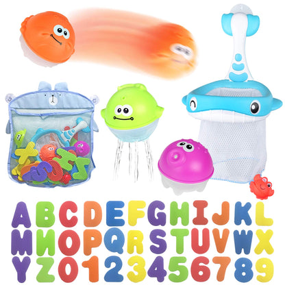 Bath Toy Sets, 36 Foam Bath Letters and Numbers, Floating Squirts Animal Toys Set with Fishing Net and Organizer Bag, Fish Catching Game for Babies
