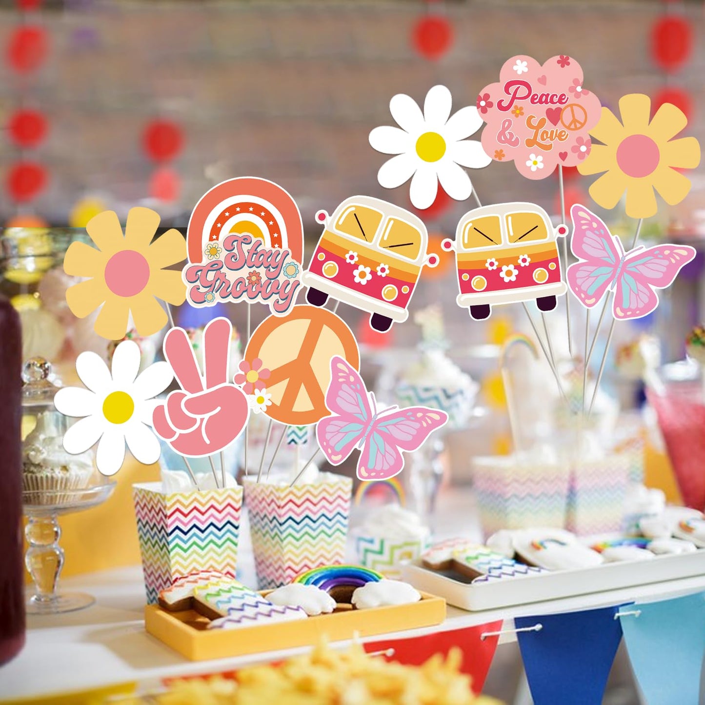 Groovy Retro Hippie Party Centerpieces - 24Pcs Rainbow Butterfly Daisy Flower Table Toppers for 60’s Party, Hippie Party,Groovy One Birthday Decor