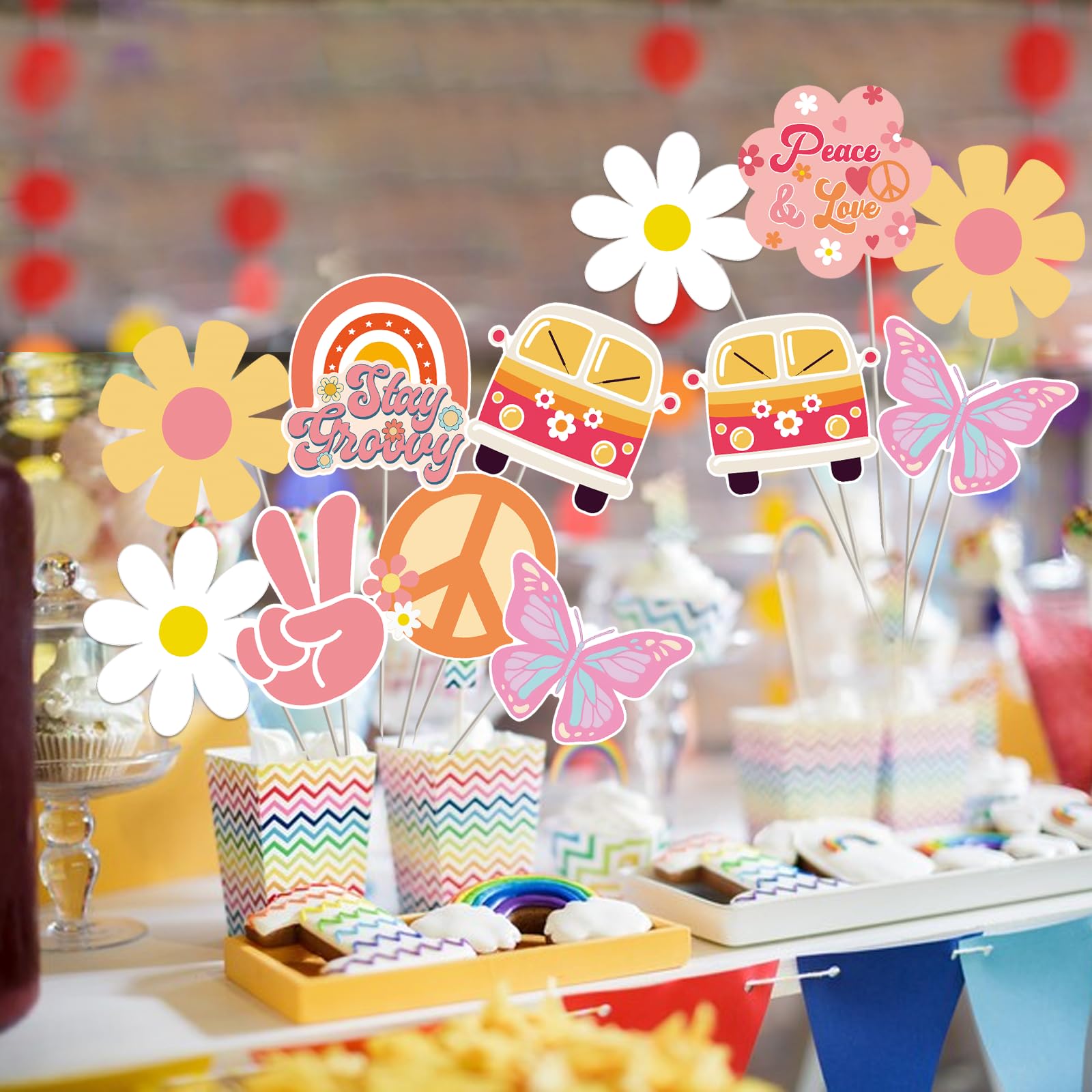 Groovy Retro Hippie Party Centerpieces - 24Pcs Rainbow Butterfly Daisy Flower Table Toppers for 60’s Party, Hippie Party,Groovy One Birthday Decor