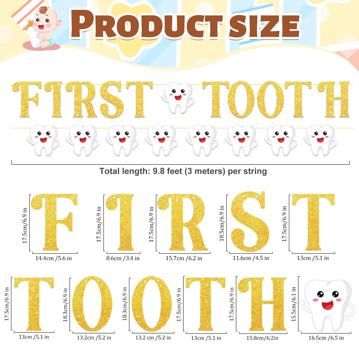 Pre-Strung Tooth Theme Banner Decorations, Gold Glitter Letter Garland with Tooth-Shaped Hanging Decor for Dental Clinic, Oral Health Events