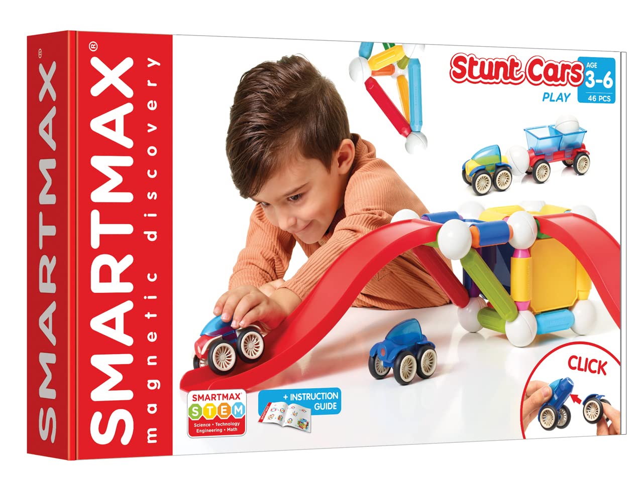 SmartMax Stunt Cars (Basic Stunt) STEM Magnetic Discovery Building Set with Moving Vehicles Featuring Safe, Extra-Strong, Oversized Building Pieces