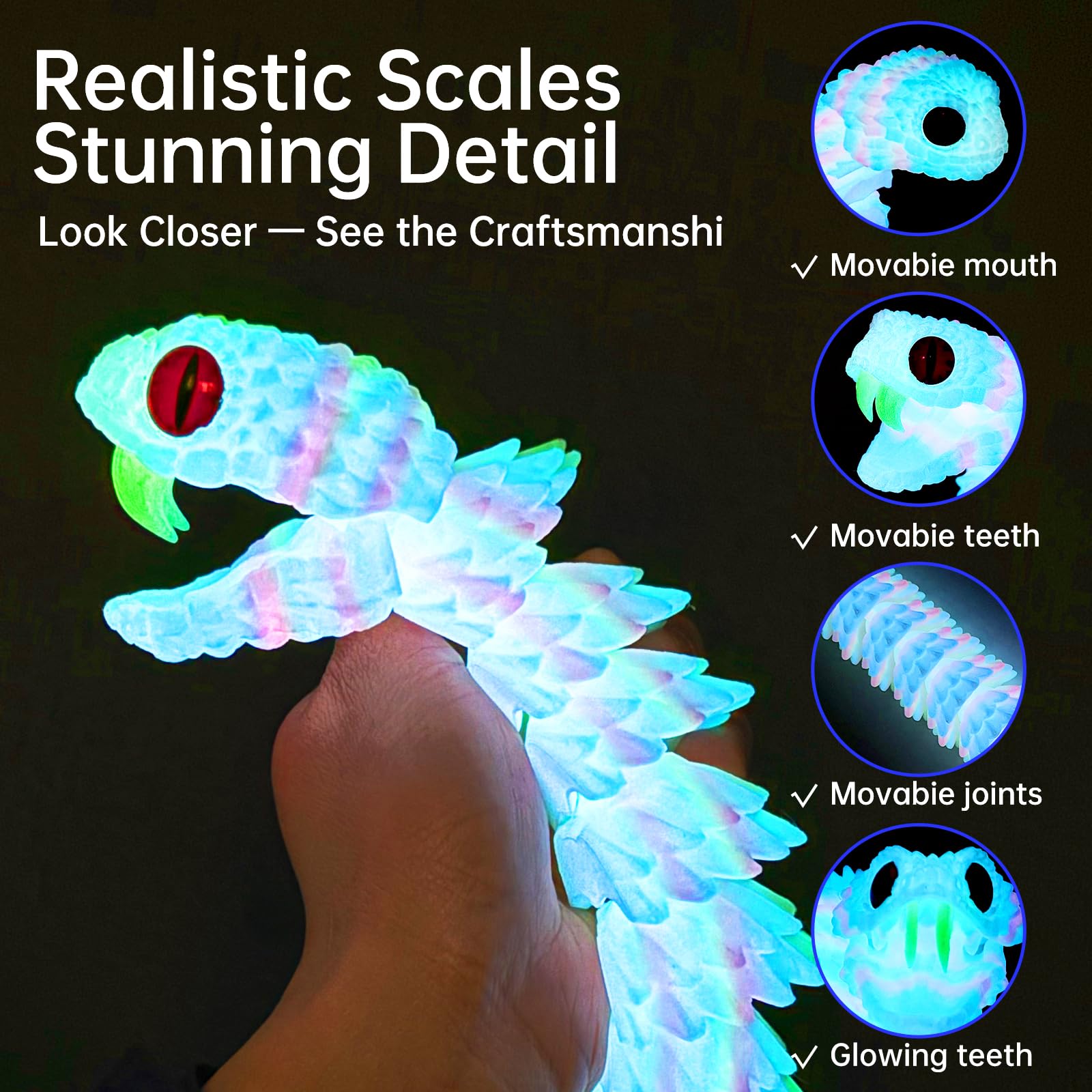41.7in Giant 3D Printed Snake Realistic Large Toy Snake Figurine, Flexible Snake Model with Noctilucent Movable Teeth for 3D Printed Animals