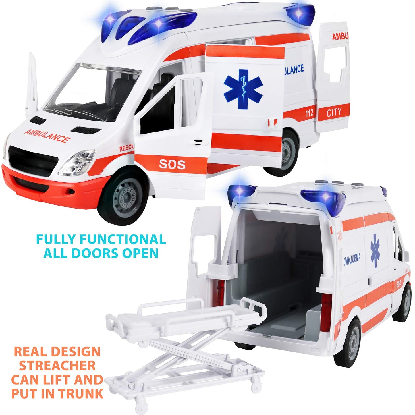 Kiddie Play Ambulance Toy Car with Lights, Sound & Stretcher