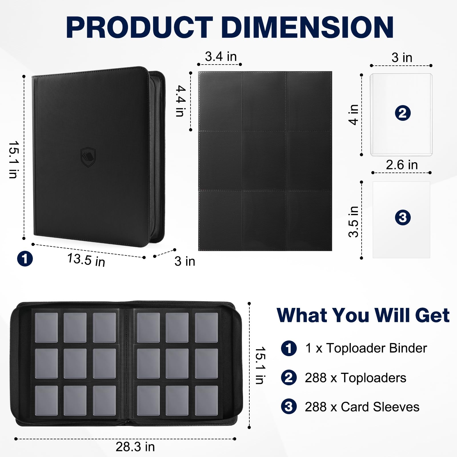 Top Loader Binder, Holds 288 Toploaders, 288 Toploader and 288 Card Sleeves INCLUDED, 9-Pocket Top Loader Binder for 3" x 4" Rigid Toploaders
