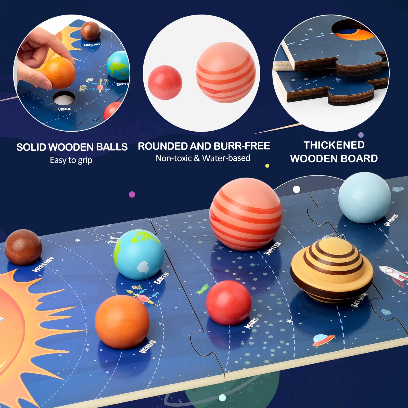 Wooden Solar System Model Board, Montessori Toys Planets Puzzle Science STEM Space Learning for Kids 4-8 with 3D Planets Models, Prechool Educational
