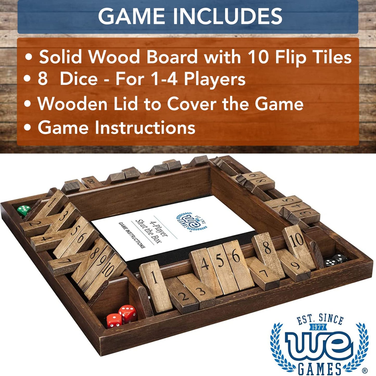 WE Games Shut the Box Board Game - Classic 4 Player Wooden Table Top Dice Game for Family Game Night, Walnut Stained Wood, 14 in., 10 Numbers