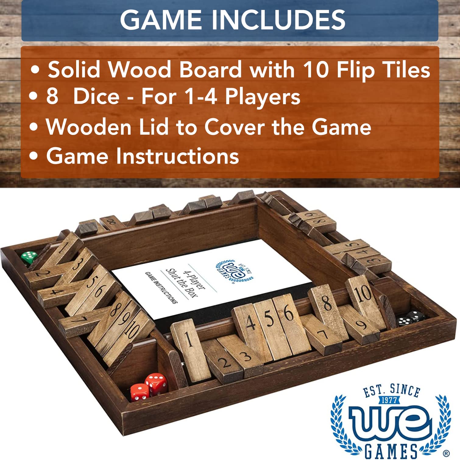 WE Games Shut the Box Board Game - Classic 4 Player Wooden Table Top Dice Game for Family Game Night, Walnut Stained Wood, 14 in., 10 Numbers