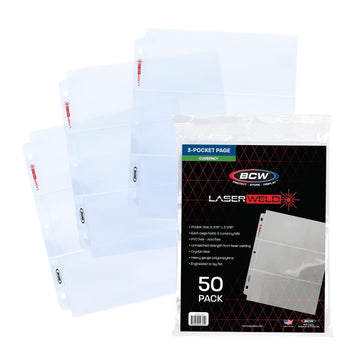 BCW LaserWeld 3-Pocket Currency Page - 50 Pack | Archival Polypropylene | Top-Loading, Acid-Free, Clear Binder Sleeves | Ideal for Dollar Bill