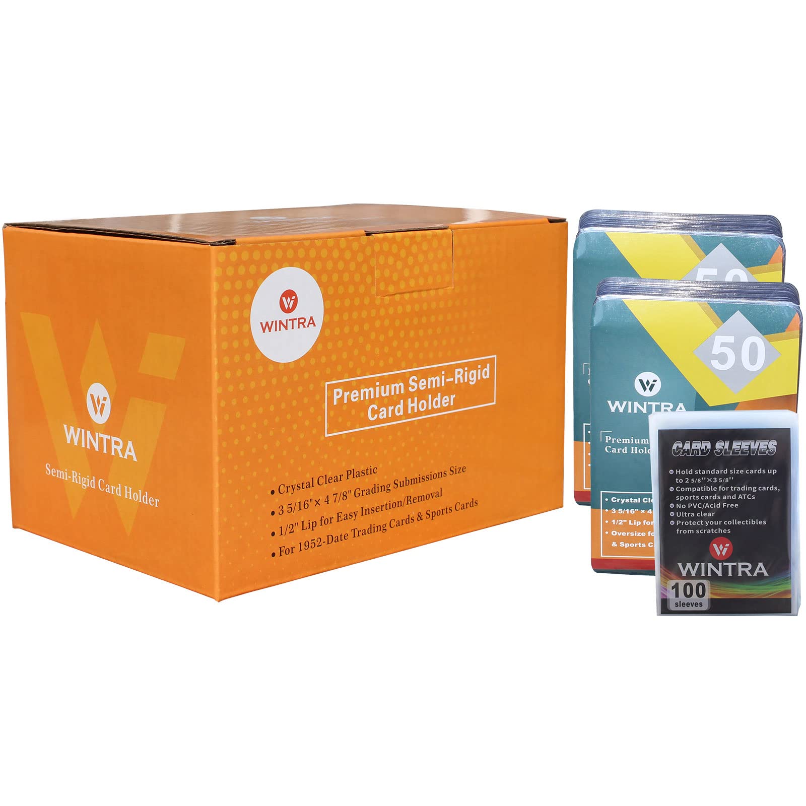 WINTRA 100 Count Semi-Rigid Card Holder with 100 Pack Penny Card Sleeves, Quality Card Submission Card Sleeves Protectors