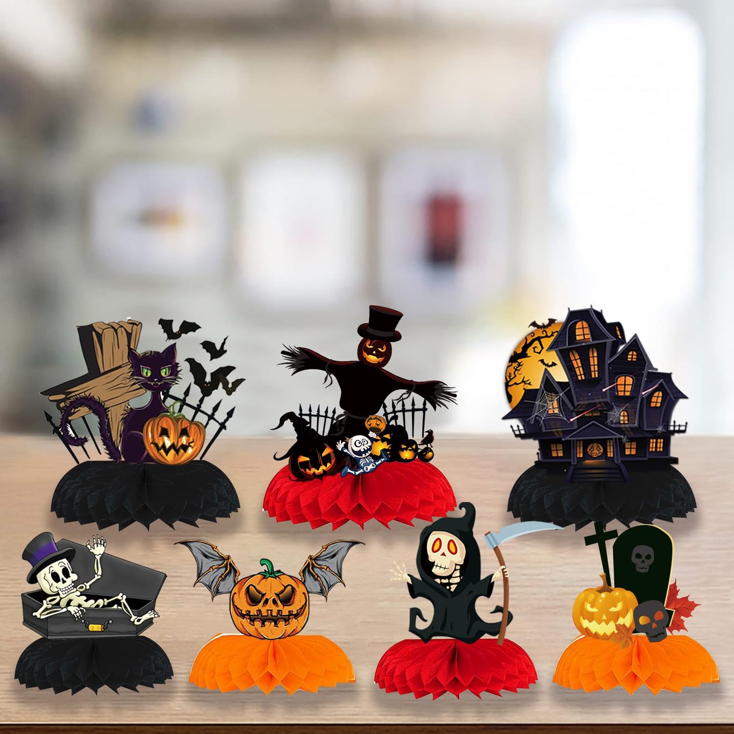 GLNystegal 9PCS Halloween Honeycomb Centerpieces for Tables Halloween 3D Table Decorations Pumpkin/Ghost/Cat/Skull for Birthday Party