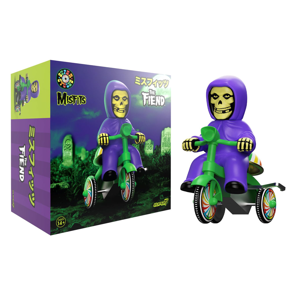 Super7 Super Cycles Misfits Fiend Purple with Wind-Up Green Trike - 5" Misfits Action Figure Toy - Classic Music Collectibles and Retro Toys