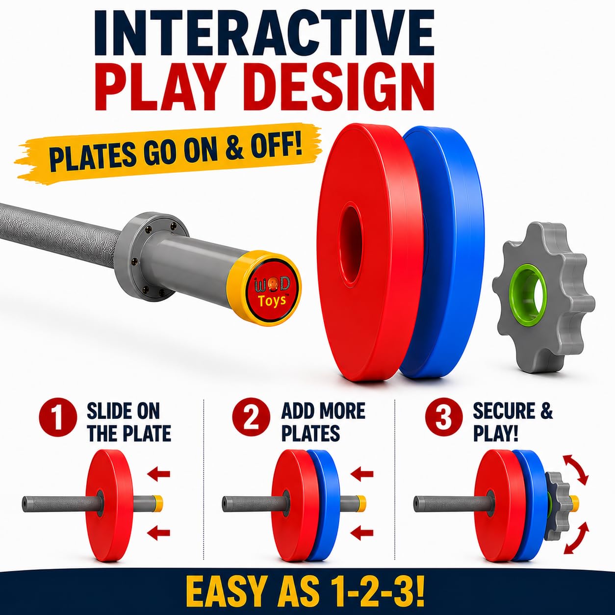 WOD Toys® Barbell Mini - Adjustable Kids Barbell Toy Weight Set for Kid Fitness, Weightlifting and Power lifting - Safe, Durable Kid's Gym Workout