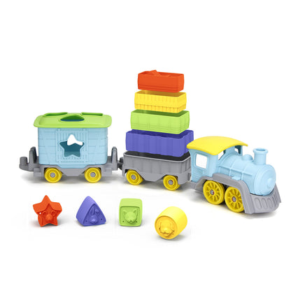 Green Toys Stack & Sort Train, Blue - 12 Piece Pretend Play, Motor Skills, Kids Toy Vehicle Playset. No BPA, phthalates, PVC. Dishwasher Safe