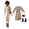Classic Trench Coat Outfit Set for 11.5-12 Inch Fashion Collectible-Doll, Khaki Double-Breasted Coat with Belt, Quilted Handbag, Black Lace-Up Ankle