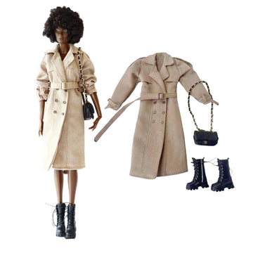 Classic Trench Coat Outfit Set for 11.5-12 Inch Fashion Collectible-Doll, Khaki Double-Breasted Coat with Belt, Quilted Handbag, Black Lace-Up Ankle