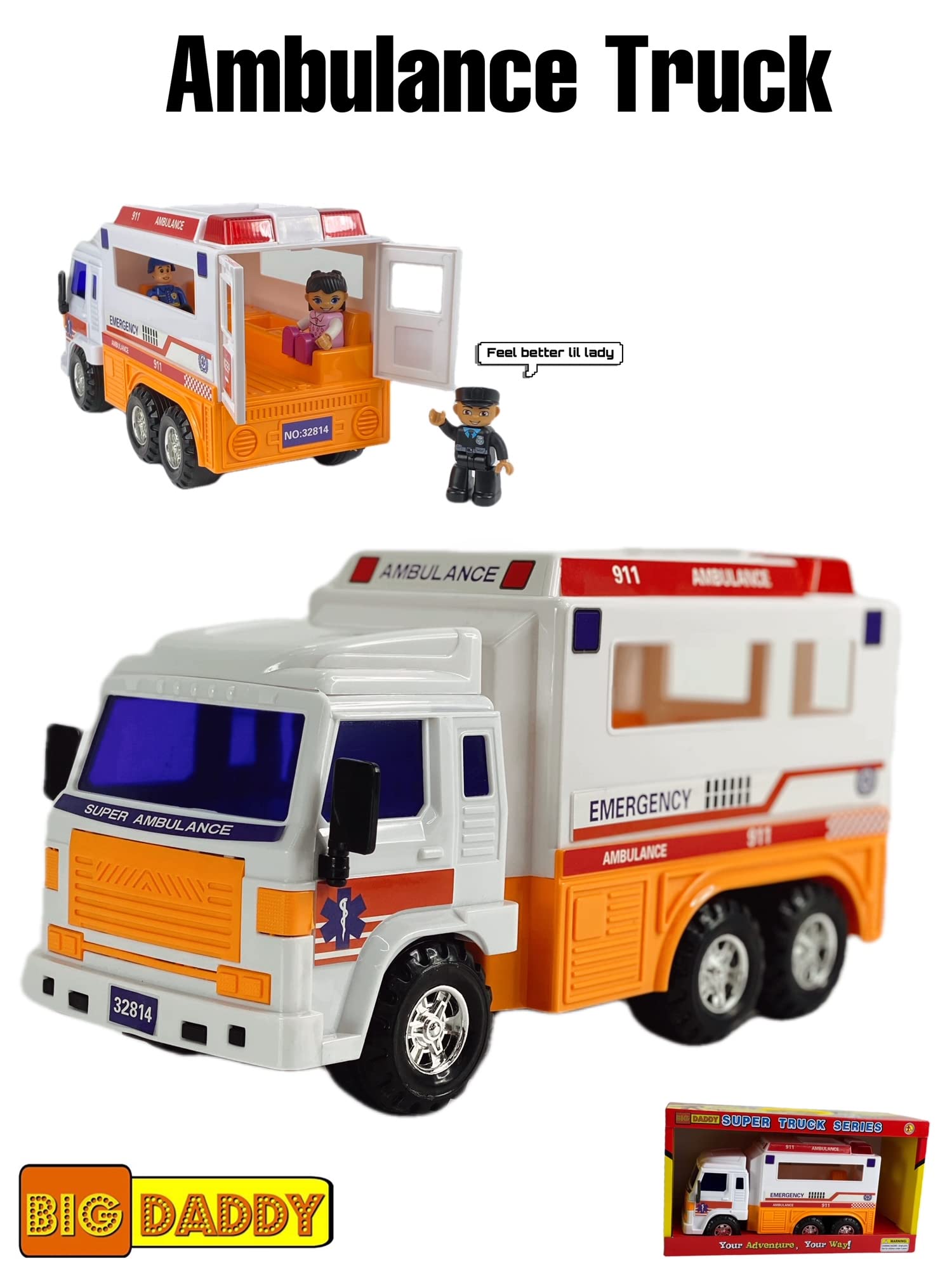 Big-Daddy Meduim Duty Friction Powered 911 Ambulance Toy Truck with Open and Close Back Doors for More Fun Play Time