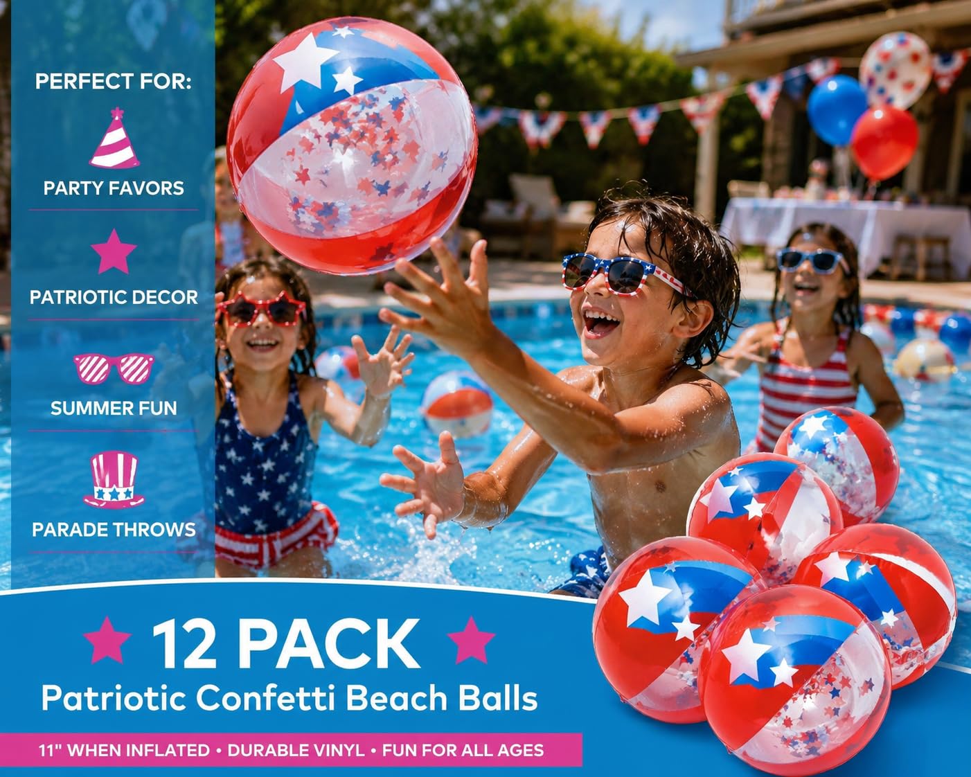 Fun Express Patriotic Confetti Beach Balls Bulk 12 Pack - Red White Blue Inflatable Pool Toys for 4th of July Party Decorations | Large 11 Inch Beach