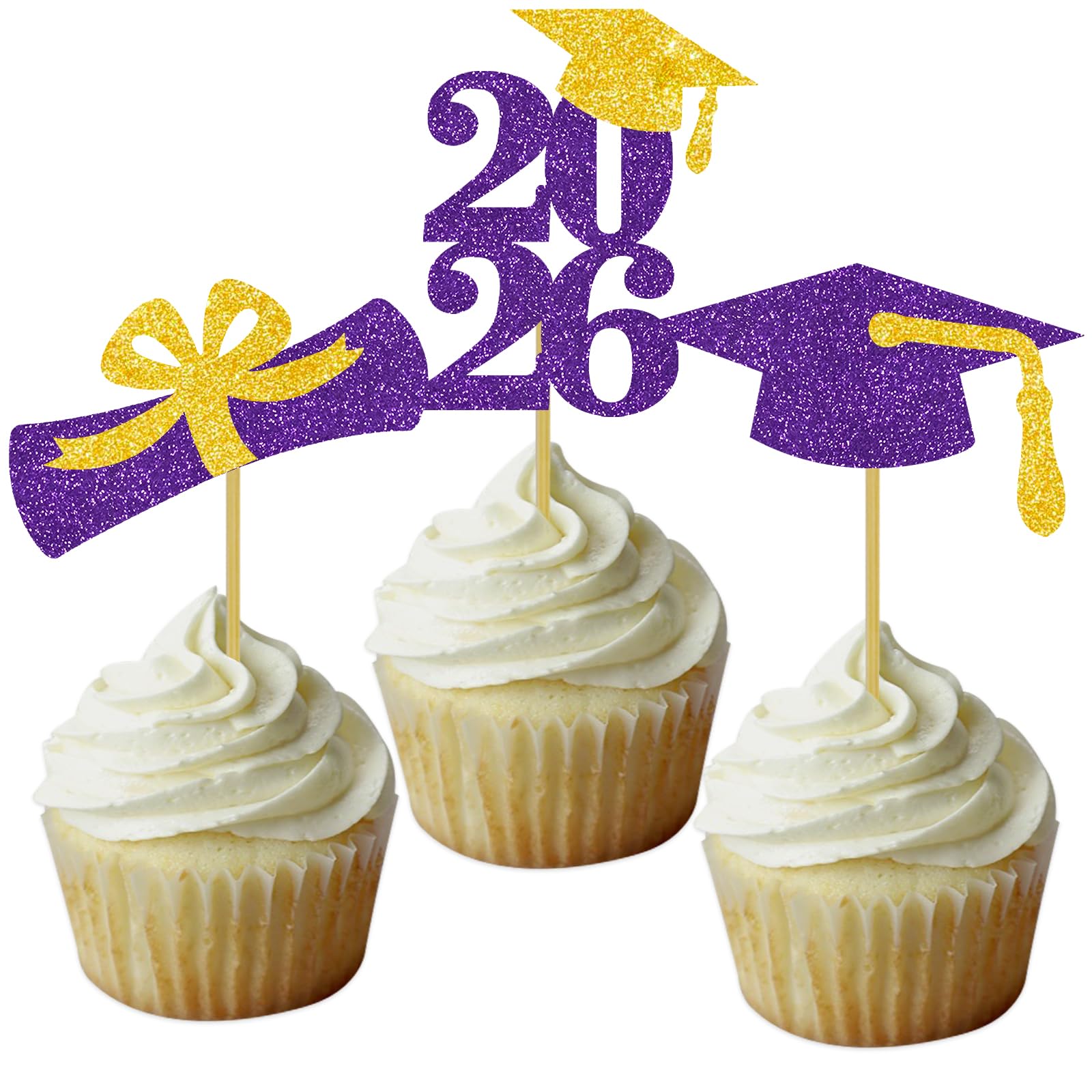 Graduation Cupcake Toppers Grad Party Decoration Food Picks Congrats Glitter Diploma Cap School Colors Supplies 24 PCS Purple Gold