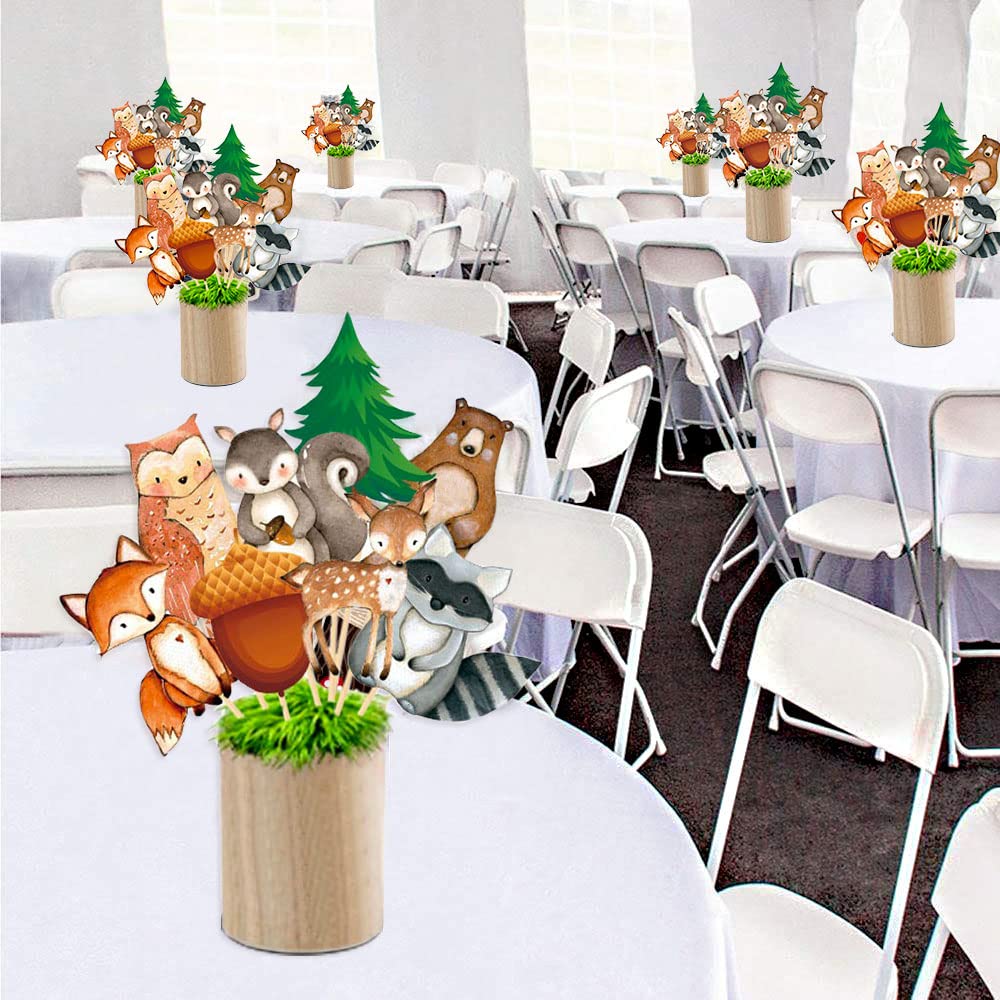 yuuzue 24pcs Woodland Animals Cake Topper, Baby Shower Decorations, Double-Sided Printed Forest Friends Centerpiece Sticks for Wild One Camping Party