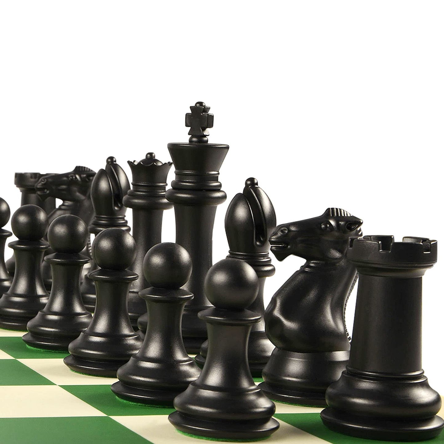 OUMODA 4" King Tournament Chess Set Foldable 20" Silicone Chess Board Mat with 2.2" Squares Green Color, Weighted Chess Pieces- 2 Extra Queens