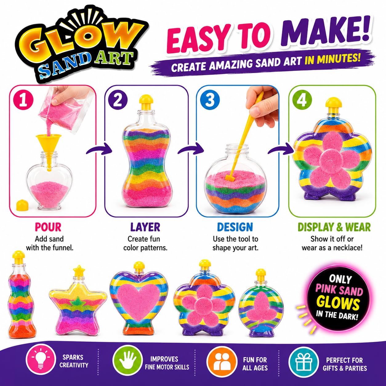 Glow Sand Art Kit, DIY Craft for Girls w/ 5 Necklace Bottles