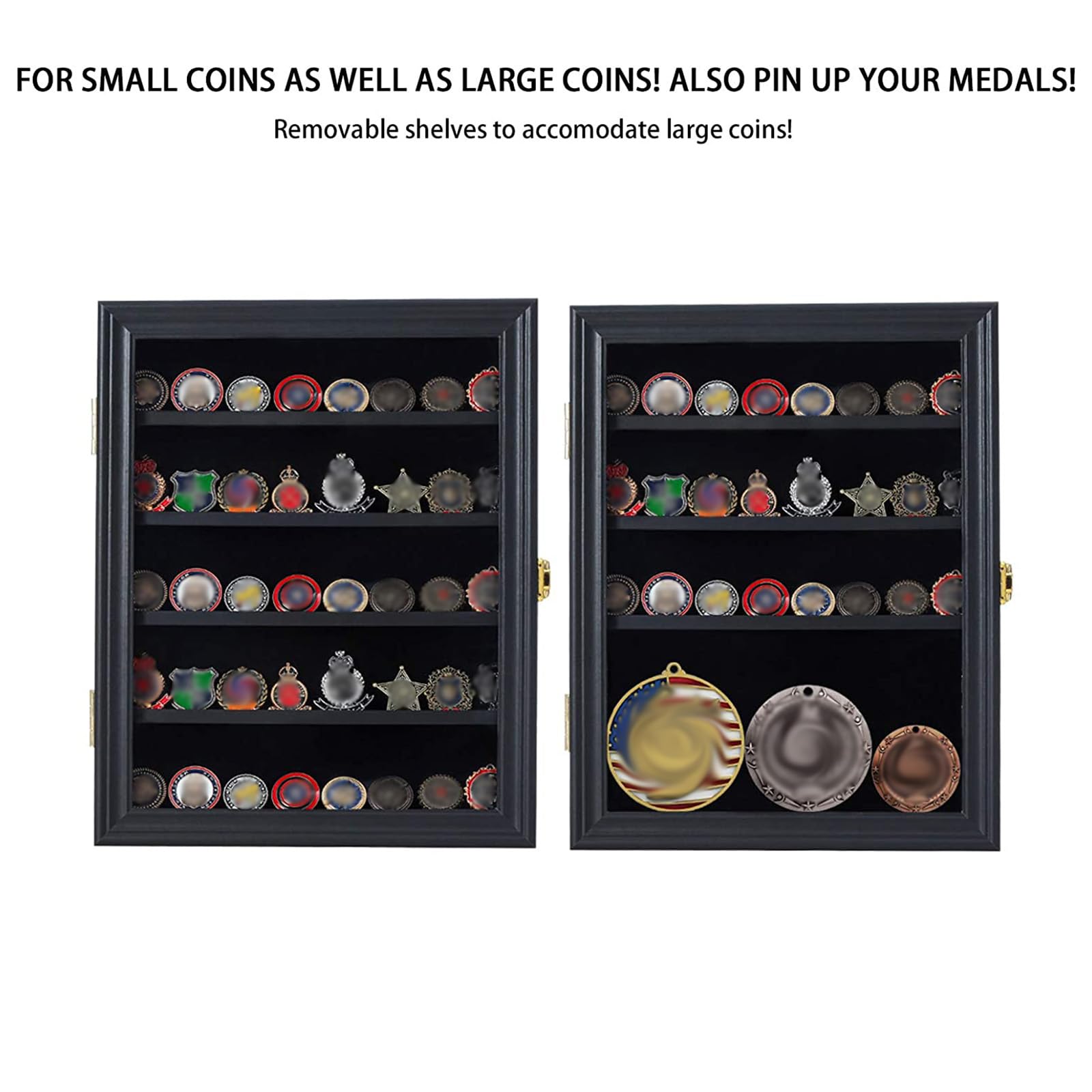 Jinchuan Military Challenge Coin Display Case Lockable Cabinet Rack Holder Shadow Box with Removable 2 Grooves Shelves and Anti Dust Door for Casino