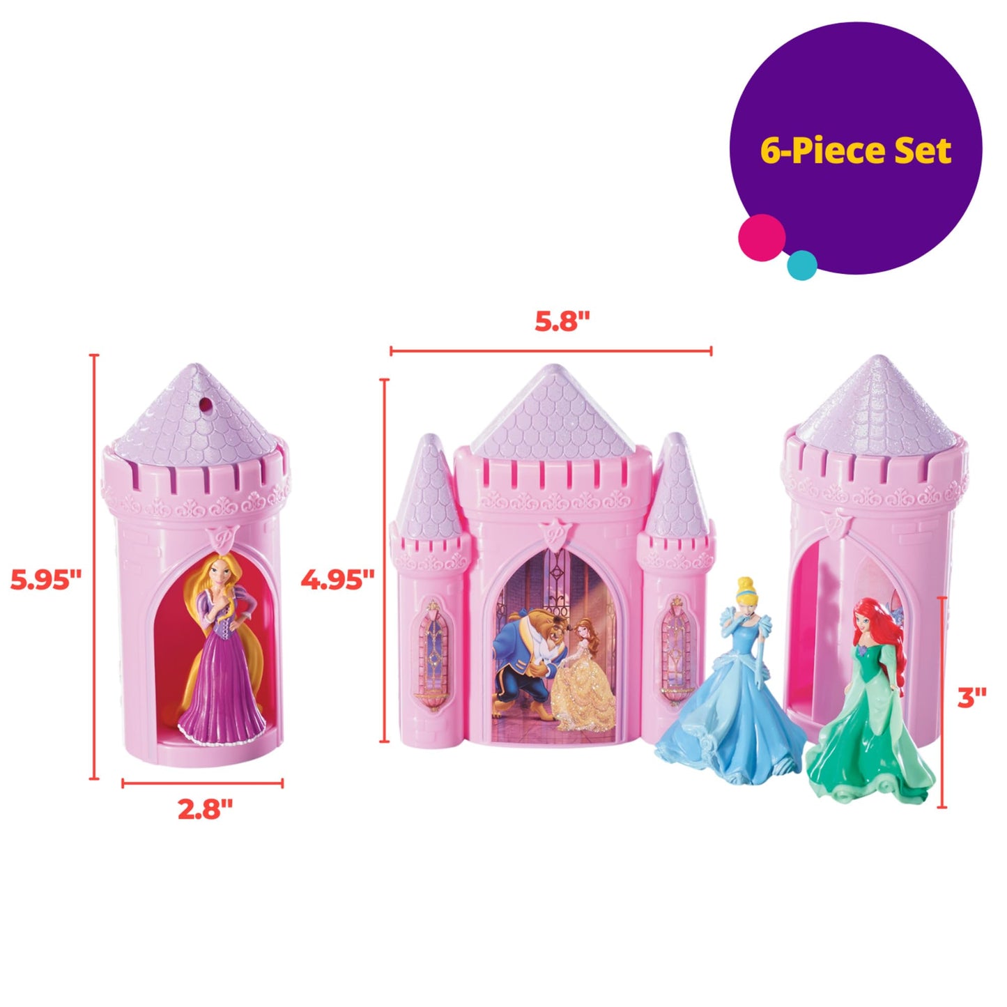 DecoSet® Disney Princess Happily Ever After Birthday Cake Topper, 6-Piece Cake Decorations, Includes Castle with Moveable Turrets, Cinderella, Ariel