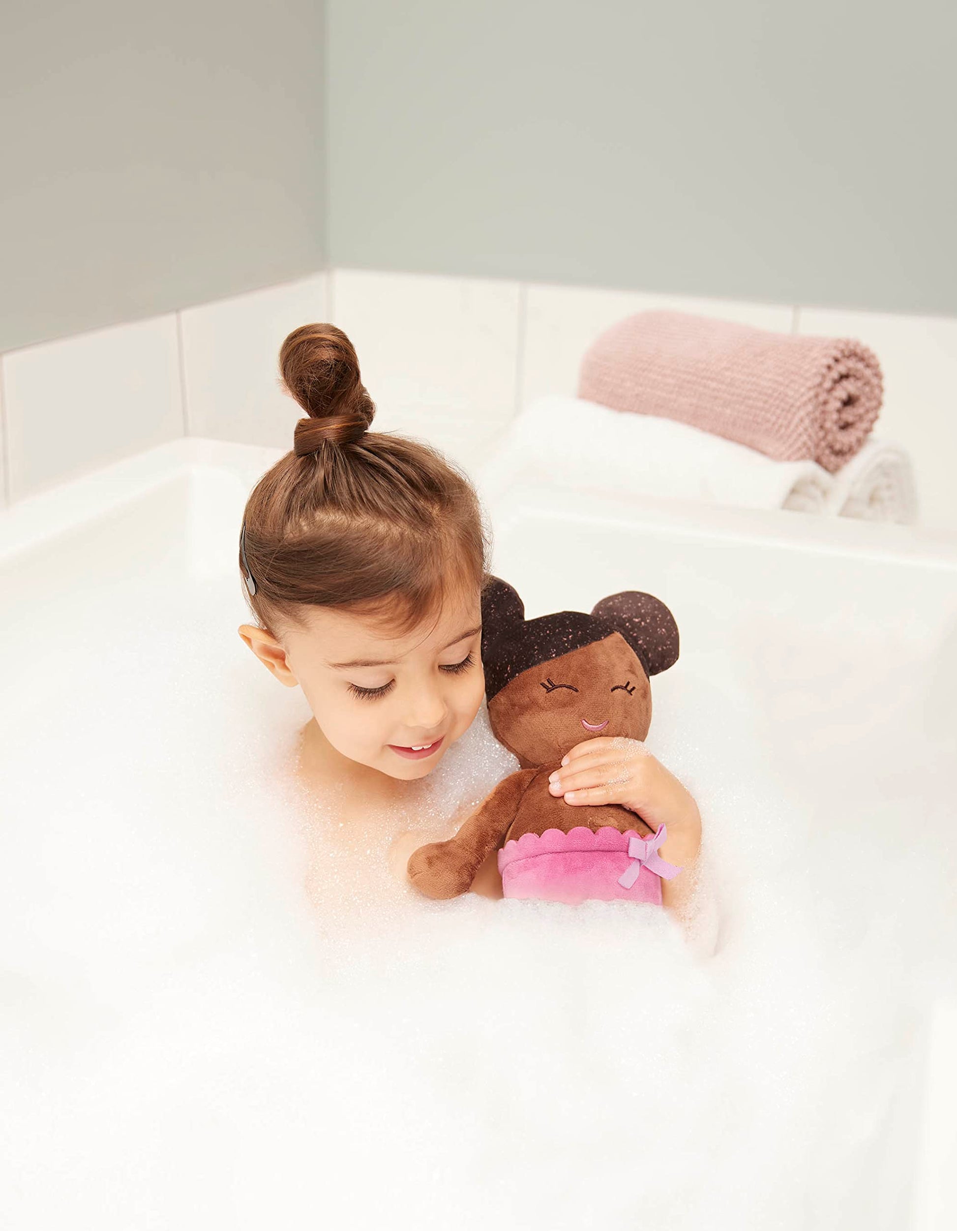 LullaBaby Babi - 14-Inch Bath Doll - Deep Tone & Removable Clothes - Water Toys - Towel & Bath Ducky - 2 Years + - Bath Doll (Deep Tone)