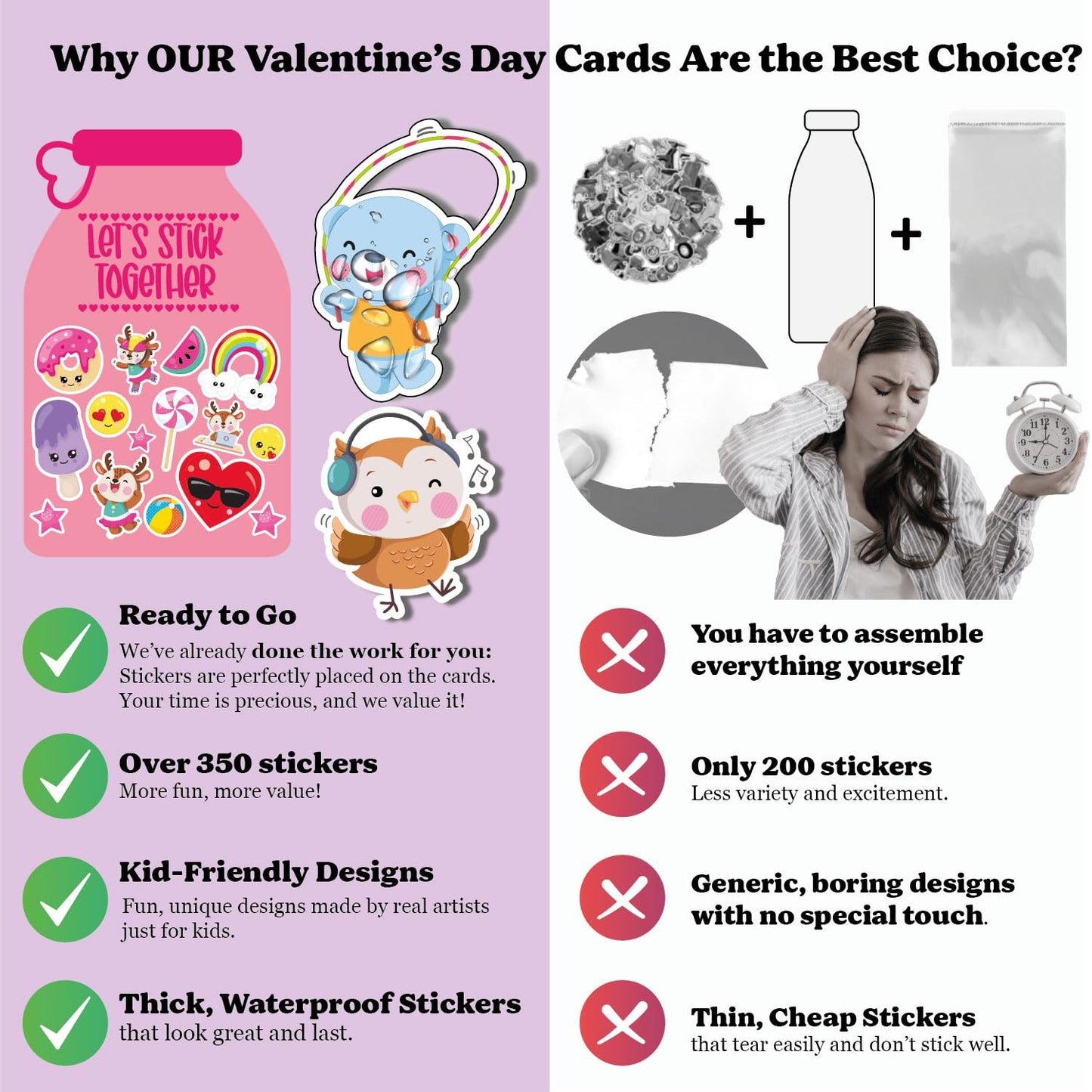 Valentine Cards with Stickers for Kids, Lets Stick Together Valentine Card, Classroom Valentines Exchange Cards, Valentine Day Cards for Toddlers