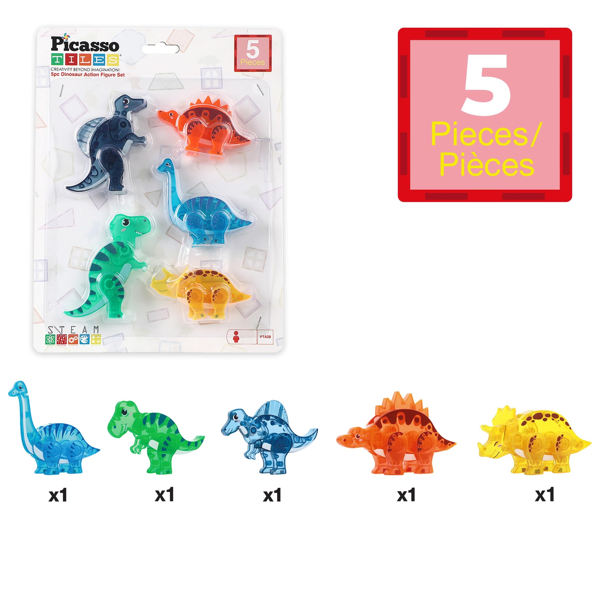 PicassoTiles Dinosaur Magnetic Tiles Accessory Set Mix and Match Dino Figure Parts for STEM Magnet Tile Construction Building Blocks Sets Creative