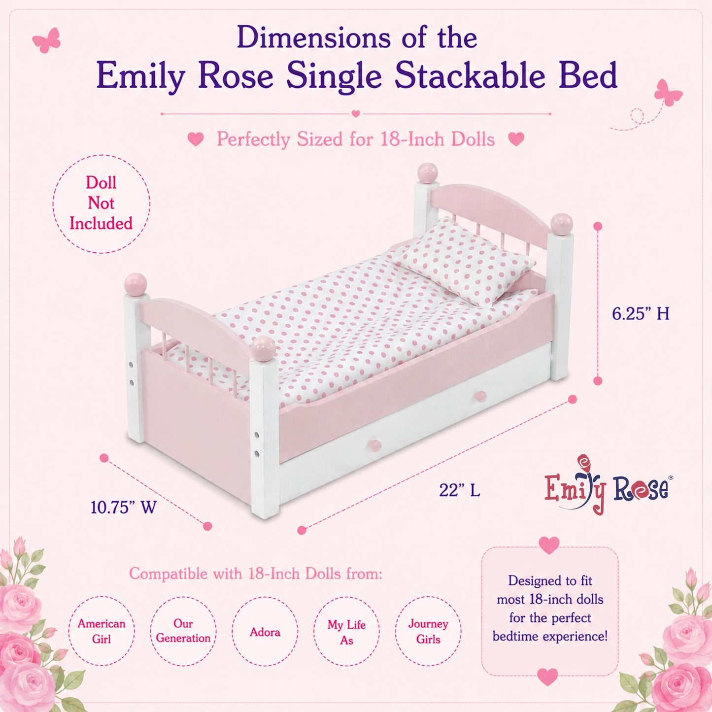Emily Rose 18" Doll White Stackable Bed w/Storage Drawer & Bedding Set