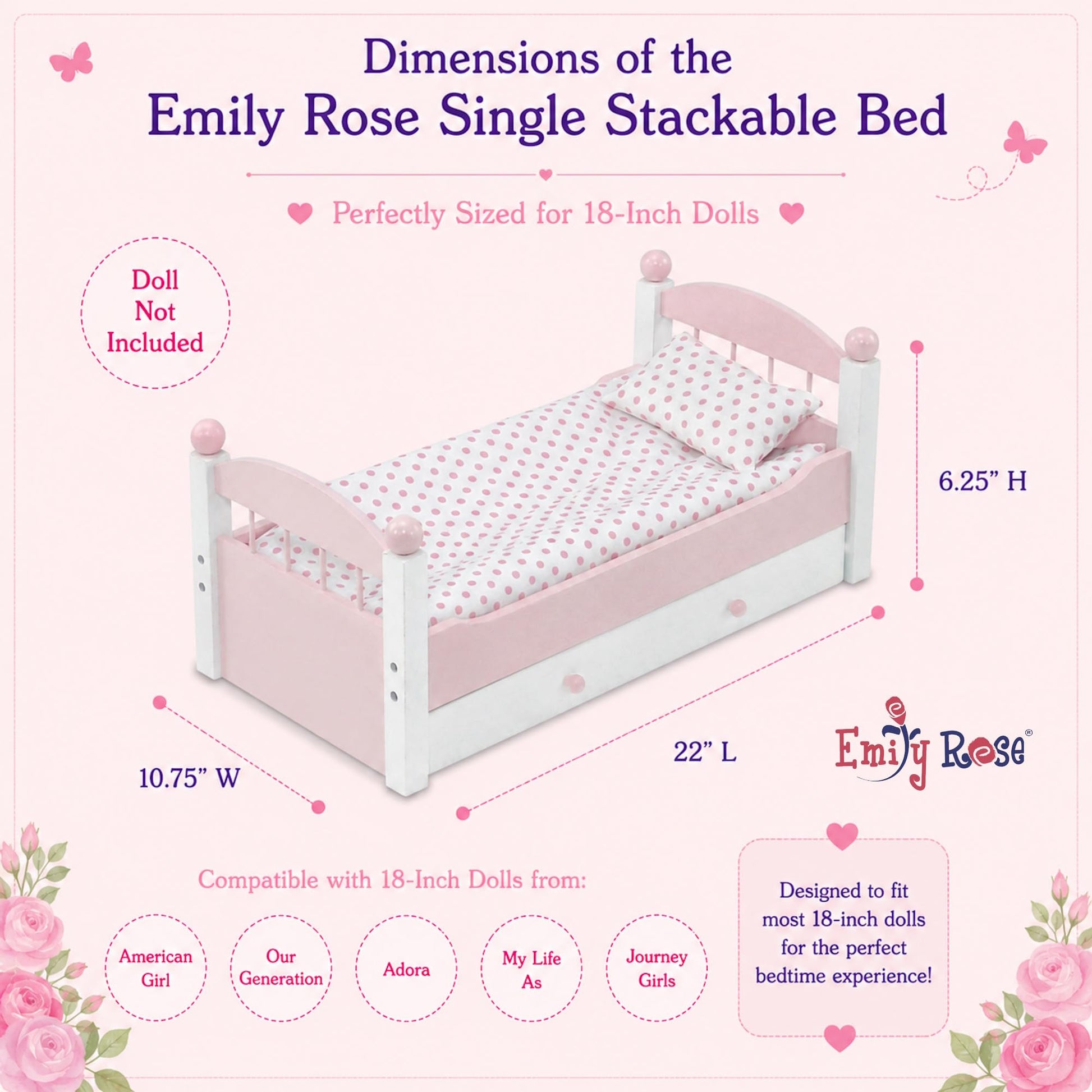 Emily Rose 18" Doll White Stackable Bed w/Storage Drawer & Bedding Set