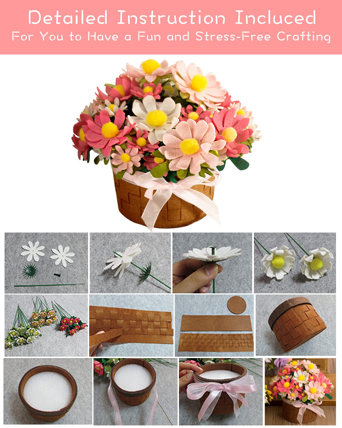 BAZIMA DIY Felt Flower Art Craft Kit, DIY Daisy Pot Bonsai Kit, 33 Daisies, Floral Gifts, Beginner Craft Kit, Arrange Pre-Cut Flowers and Foliage