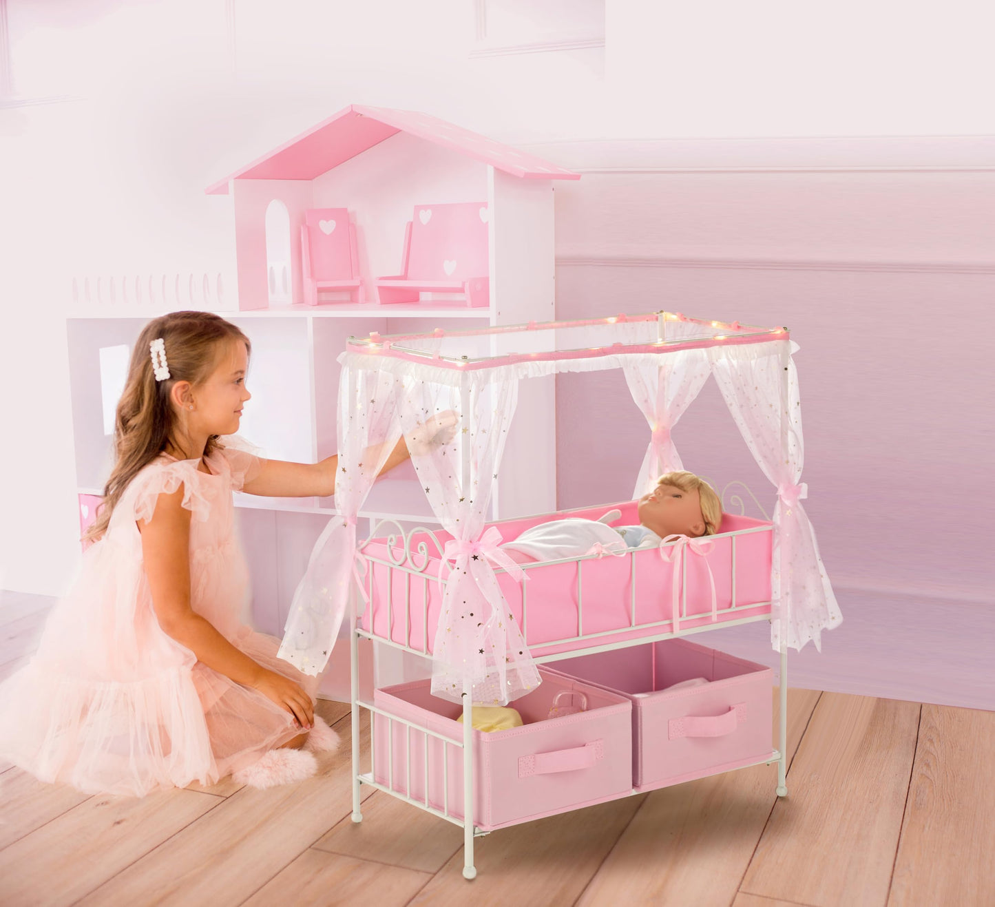 Badger Basket Starlights Metal Doll Crib with Canopy, Bedding, Storage & LED Lights - Pink/White Stars - Fits Dolls up to 18 Inches