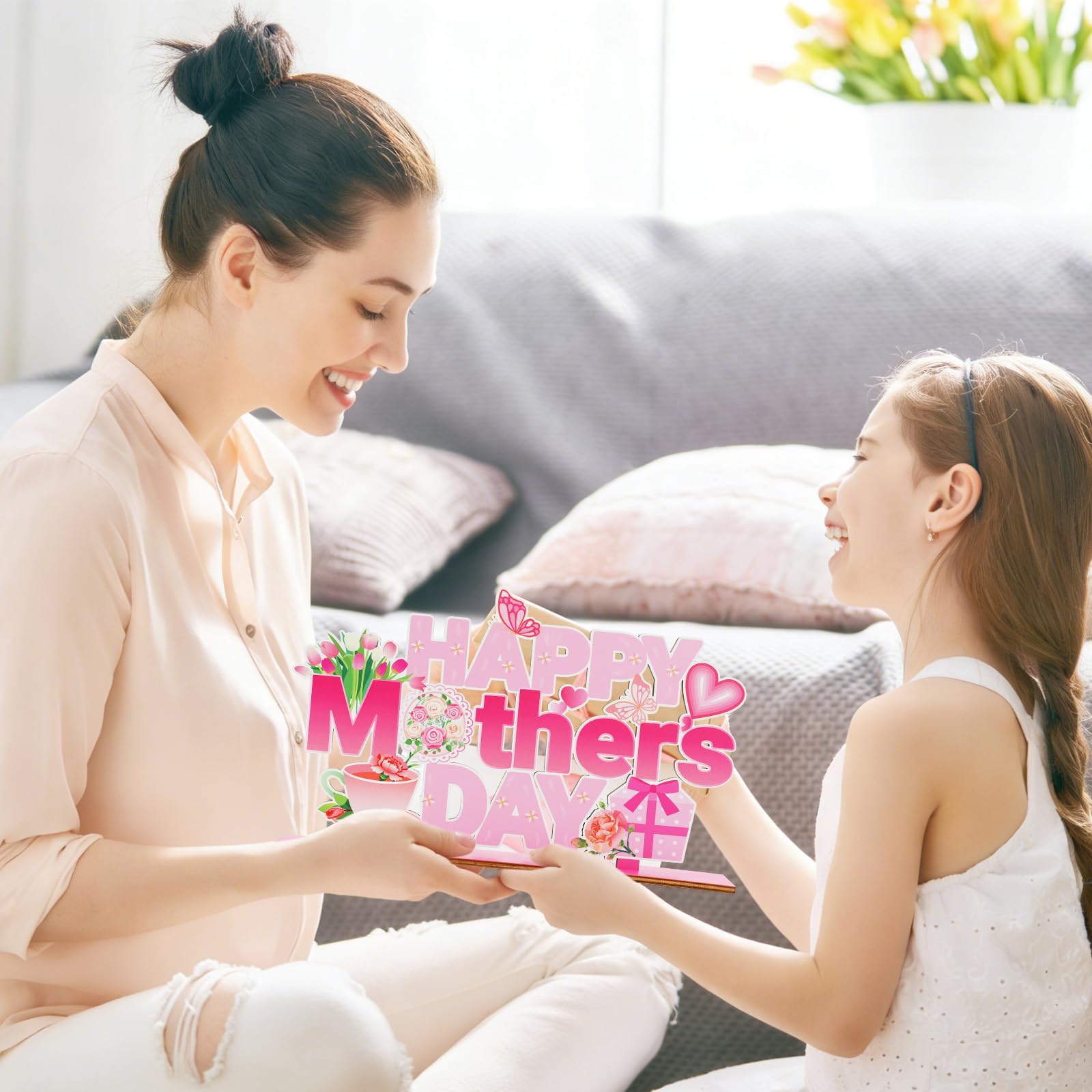 Mothers Day Decorations for Party Wooden Table Centerpieces 11.8x6.8 Inch Happy Mothers Day Decorations Sign Pink Wood Table Topper for Home Kitchen