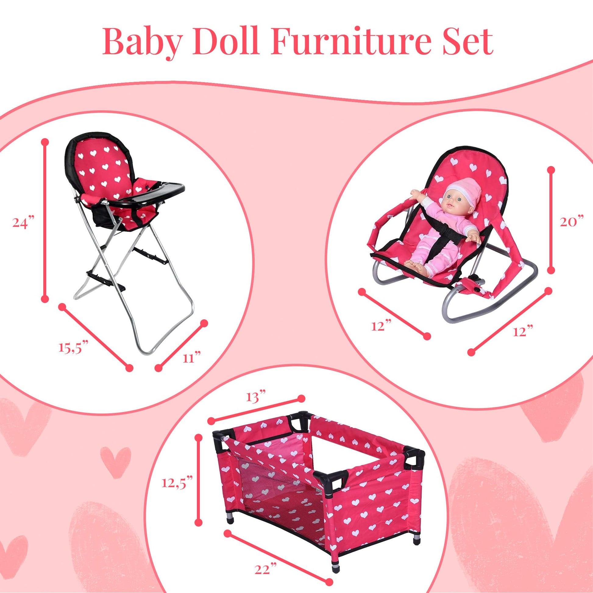 Mega Baby Doll Accessories Set, 3-1 Baby Doll Crib, Baby Doll High Chair & Bouncer Seat. 18 inch Doll Accessories with Doll Bed. 18" Dolls Furniture