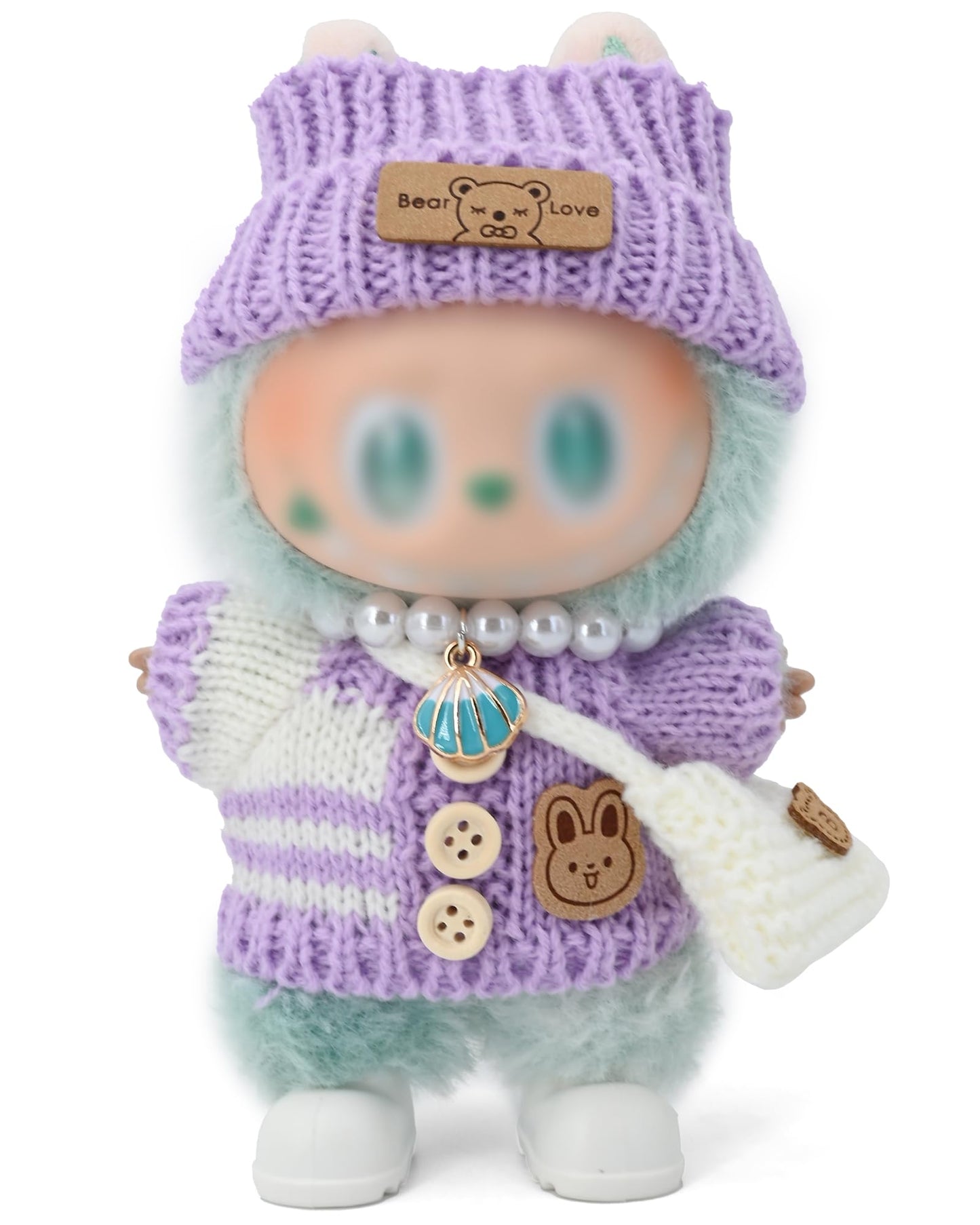 Evowatt Doll Outfits, Clothes for Labubu 17cm Doll, 4-Piece Knitted Doll Clothes Set - Striped Sweater, Beanie Hat, Mini Bag & Shell Bracelet, Purple