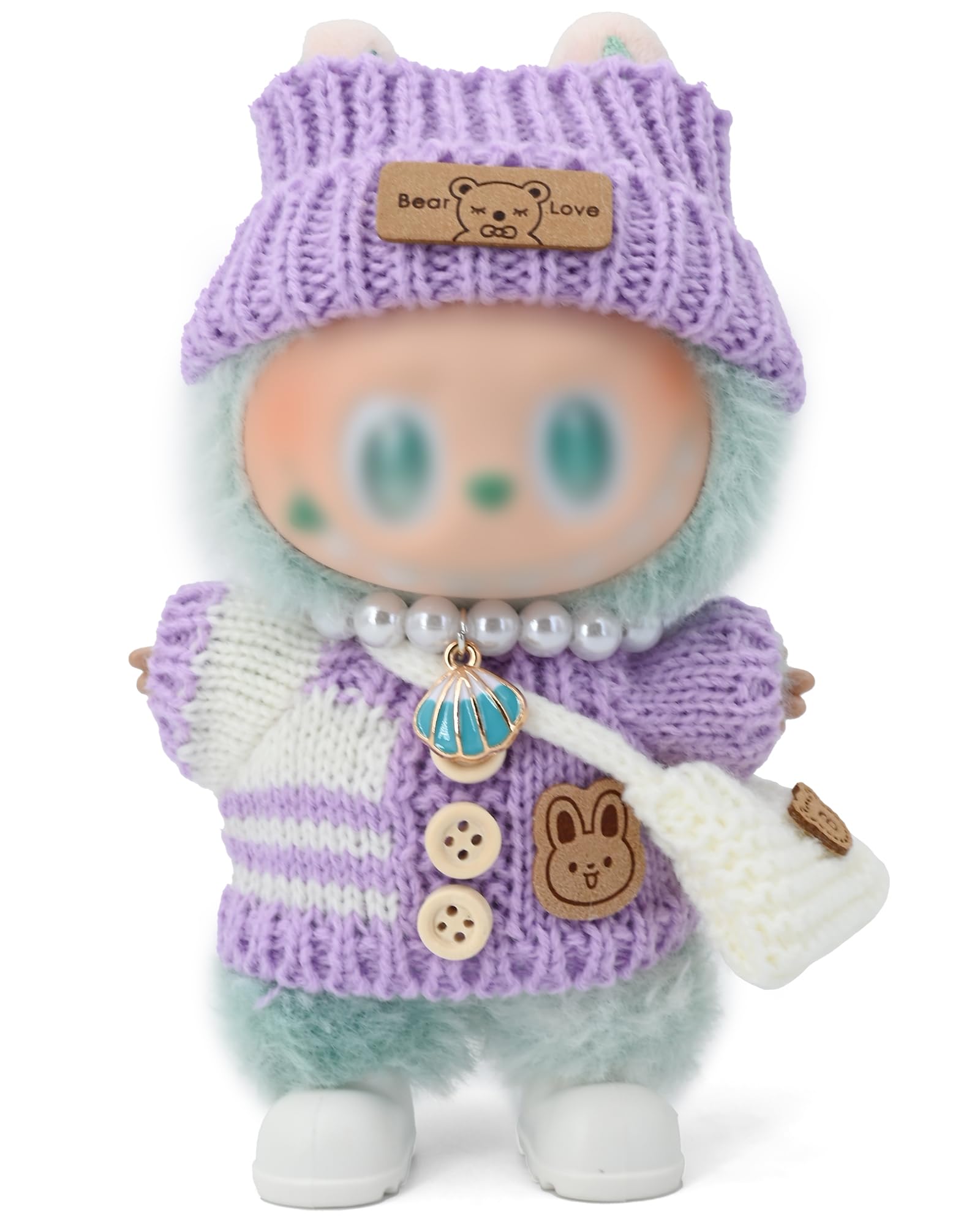 Evowatt Doll Outfits, Clothes for Labubu 17cm Doll, 4-Piece Knitted Doll Clothes Set - Striped Sweater, Beanie Hat, Mini Bag & Shell Bracelet, Purple