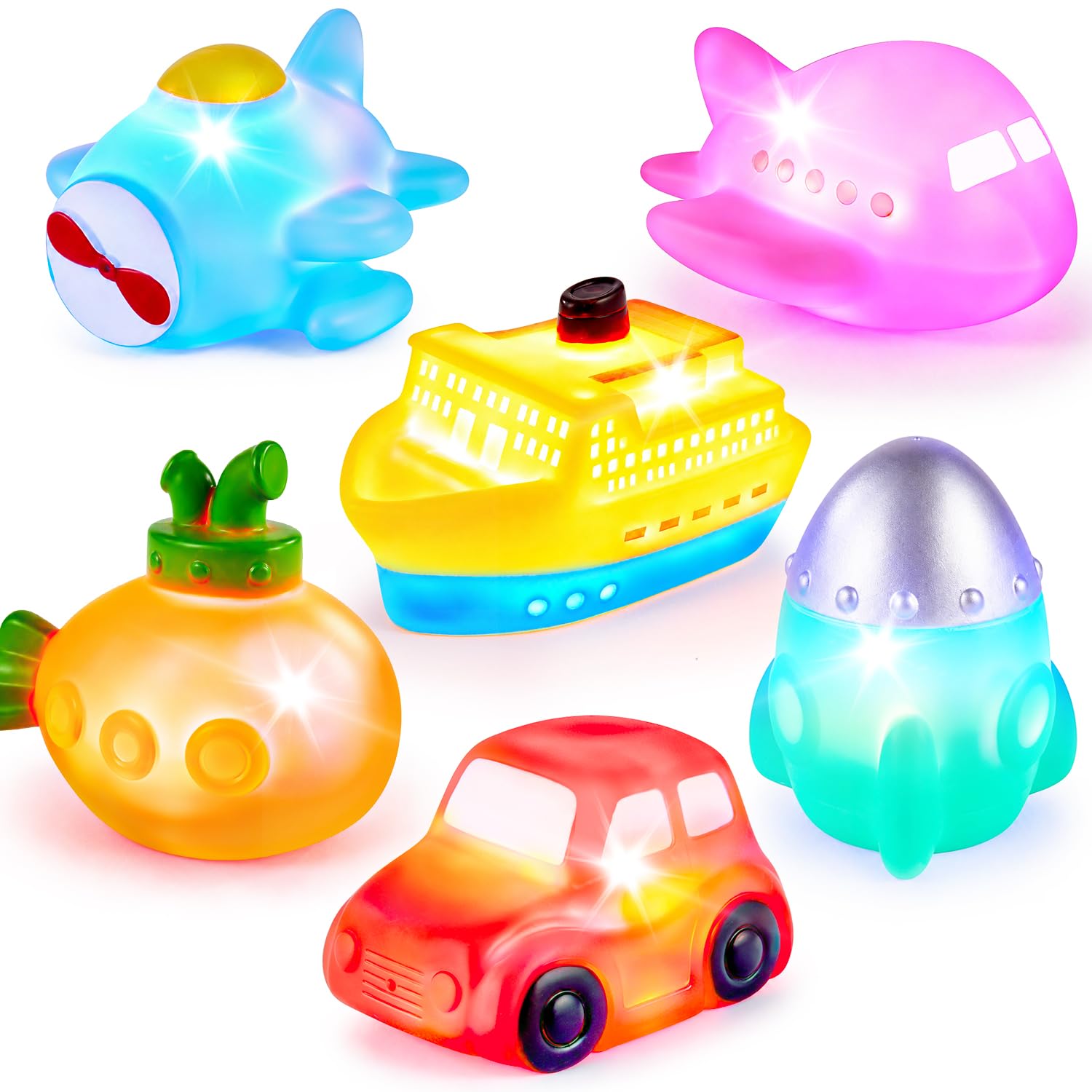 6 Packs No Hole Boat Bath Toy Set, Light up Changing Color in Water, Floating Rubber Bathtub Toys for Baby Toddler Infant Boy Girl Kid Play, Led