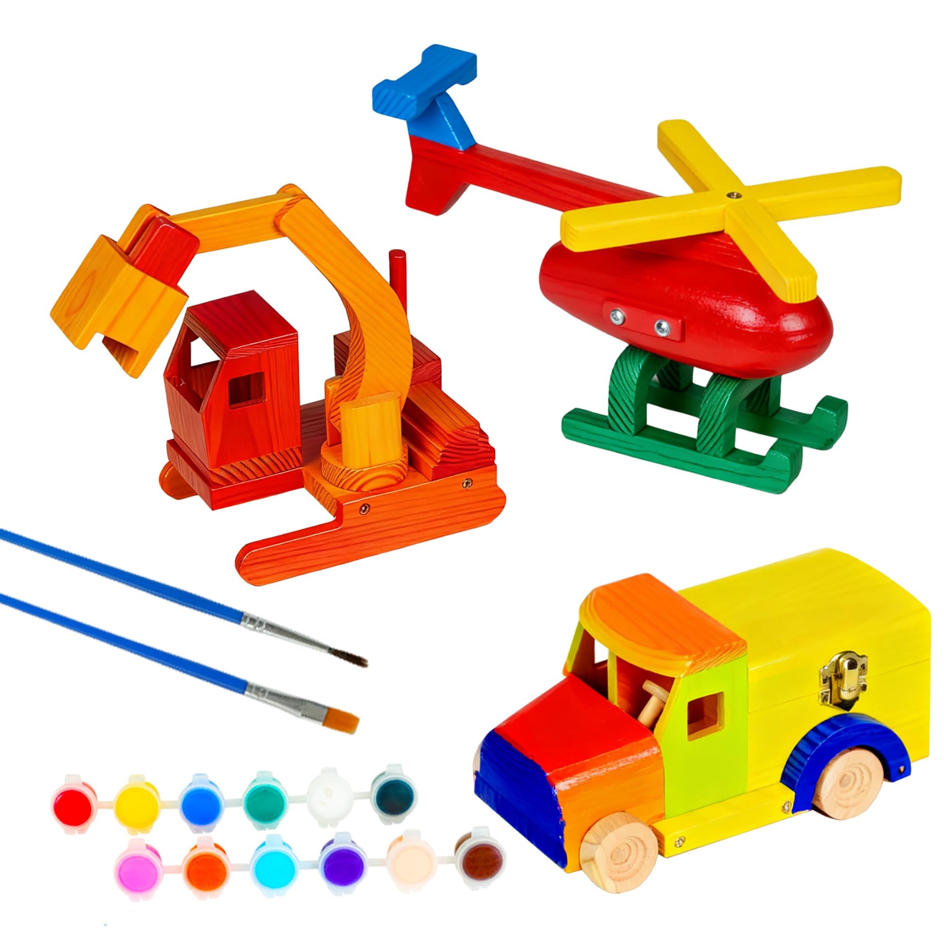 Easy Playhouse: Wood Building Toy Kit - DIY 3 Vehicle Projects: Helicopter, Truck & Excavator, 12 Paint Colors & 2 Brushes, Arts & Craft Set, Kids 8+