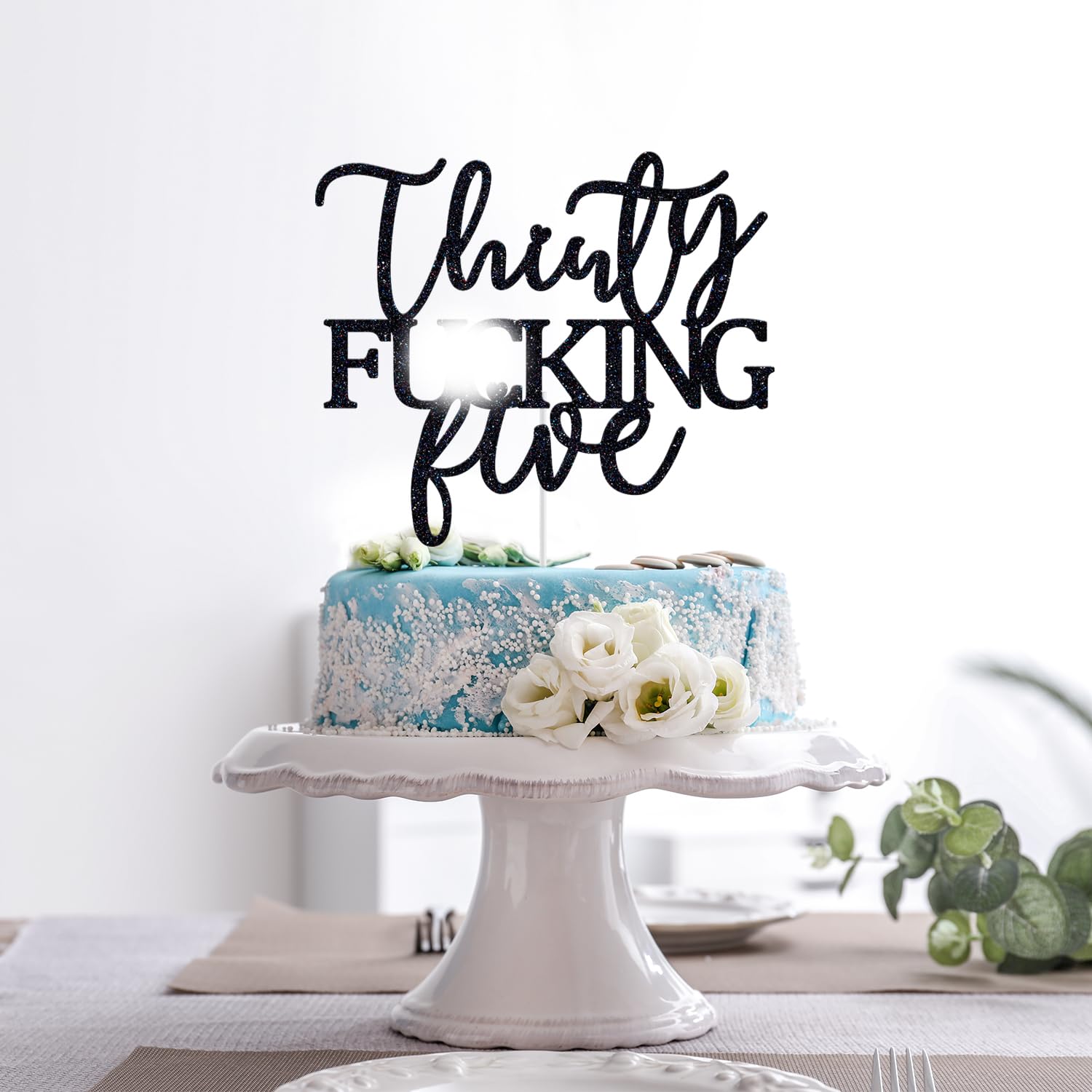 Thirty Five Cake Topper - Happy 35th Birthday Cake Decor - Cheers to 35 Years Birthday Party Decorations Supplies, Black Glitter
