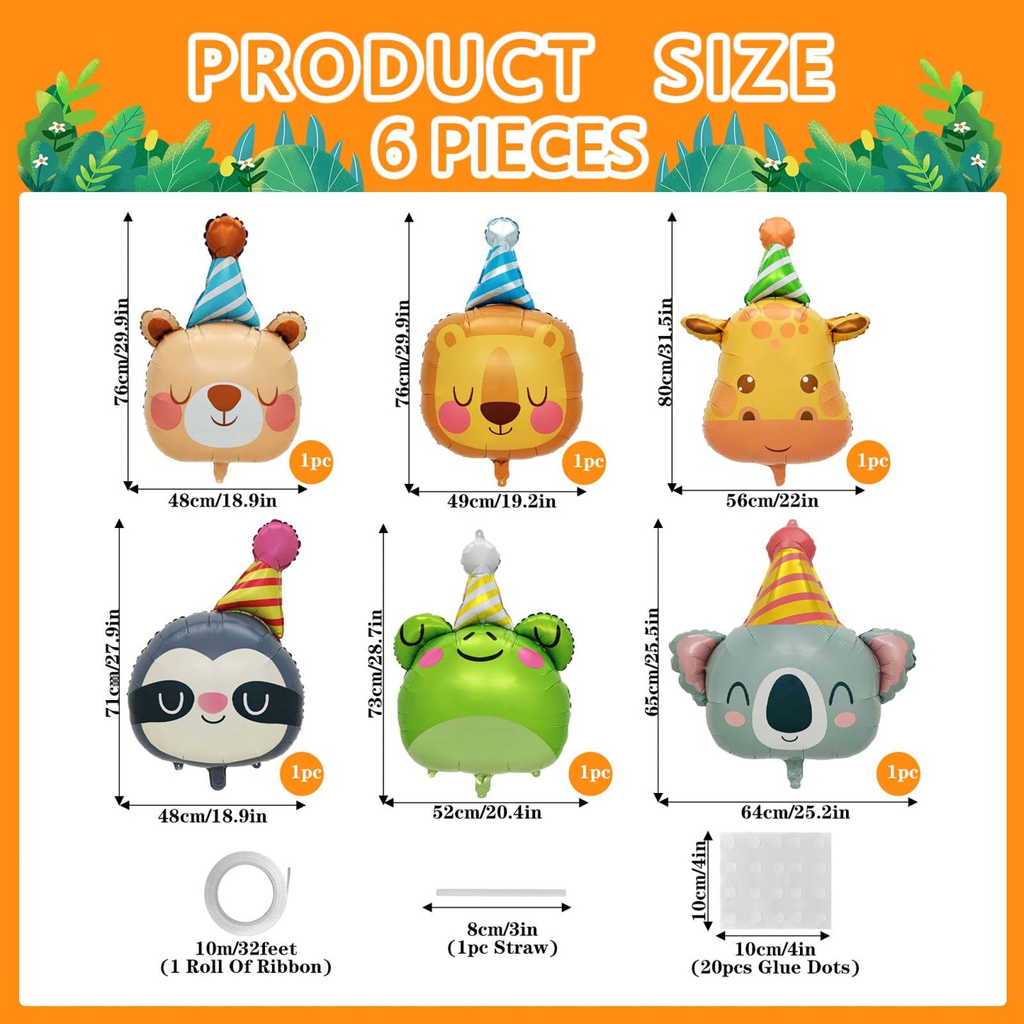 HOLTIOCLAN 6 Pcs Animal Balloons Giant Bear Giraffe Lion Koala Frog Sloth Safari Foil Balloon Jungle Animal Balloons Zoo Wild One Birthday Party Baby