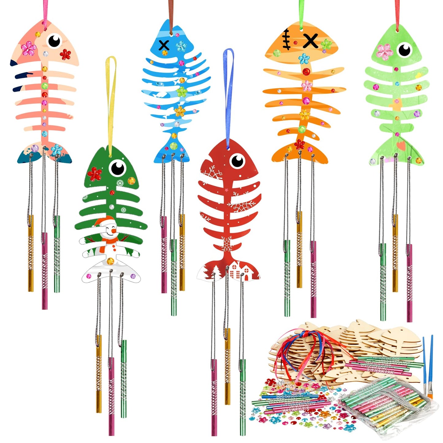Fennoral 30 Pack Wind Chime Kit Make Your Own Fish Wind Chime Wooden Arts and Crafts for Girls Boys Ornaments DIY Coloring Spring Summer Craft