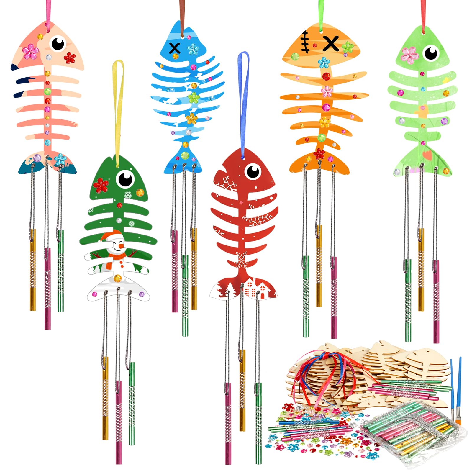 Fennoral 30 Pack Wind Chime Kit Make Your Own Fish Wind Chime Wooden Arts and Crafts for Girls Boys Ornaments DIY Coloring Spring Summer Craft
