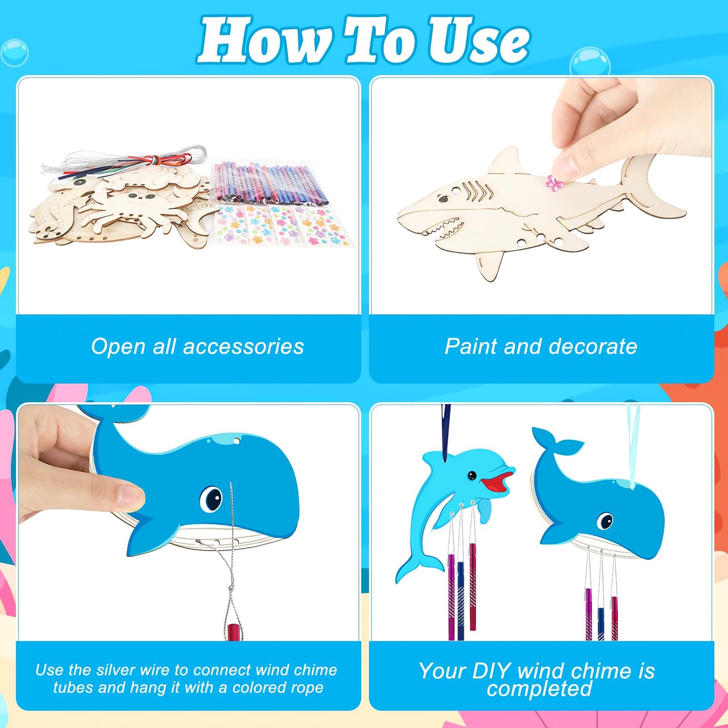 Wooden Ocean Animals Wind Chime Kit Make Your Own Sea Animal Crafts Coloring DIY Wind Chime kit for Summer Activities Birthday Favor School Home Art