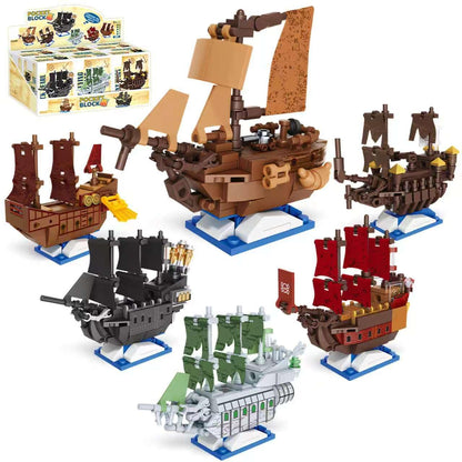 YCJZXMS 6-in-1 Pirate Ship Building Blocks Set, Mini Brick Pirate Ship Model Kit, Detailed Ship Collection for Display, Creative Hobby Building Set