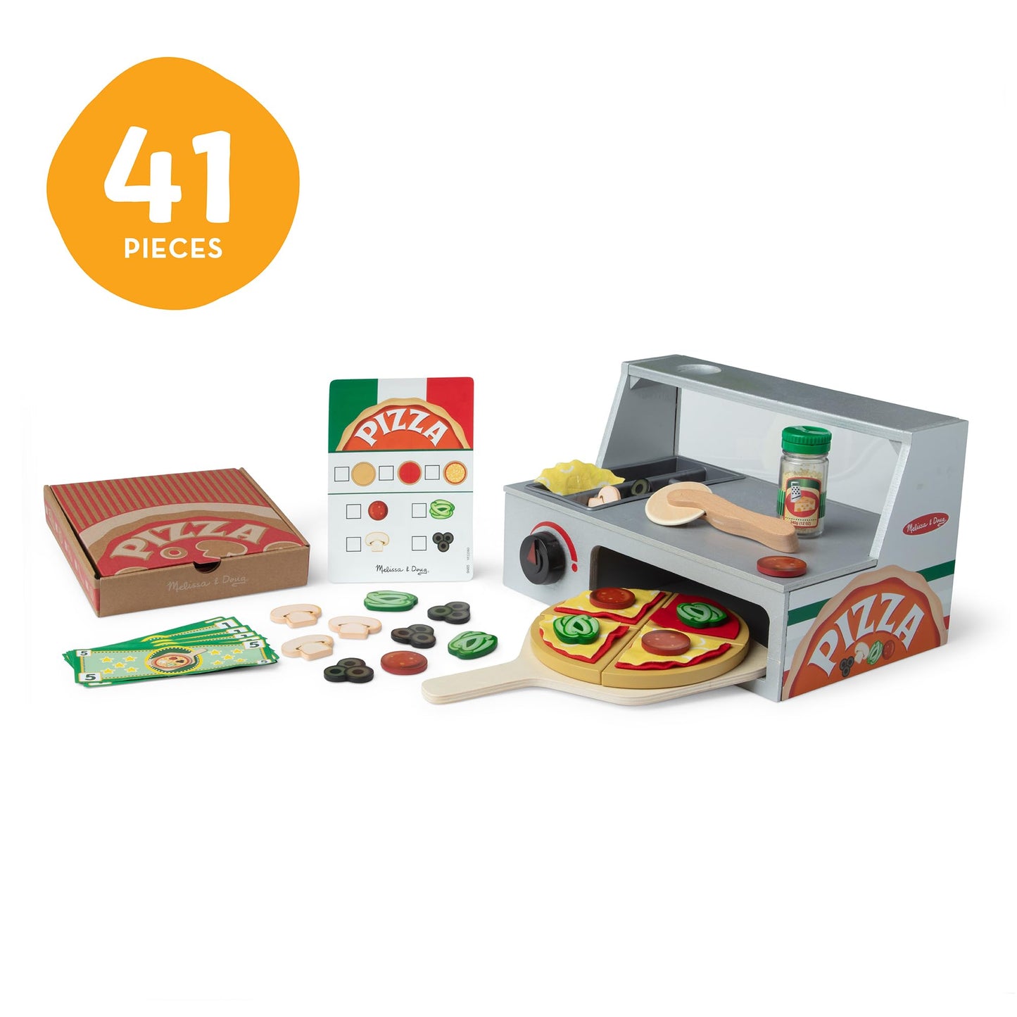 Melissa & Doug Top & Bake Wooden Pizza Counter, Kids Kitchen Playset with Play Food & Play Kitchen Accessories, Preschool Toys for Girls & Boys Ages