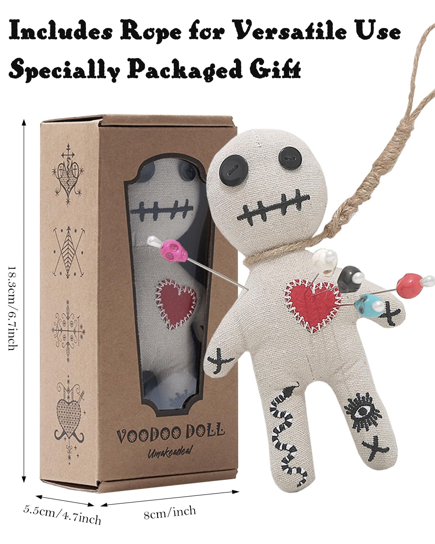 Umakeadeal Voodoo Doll Set Include Spell Cards and 7 Pcs Stress Relief Pins, Dammit Creepy Ghost Doll for Halloween Decoration Ornaments Fidget Toys