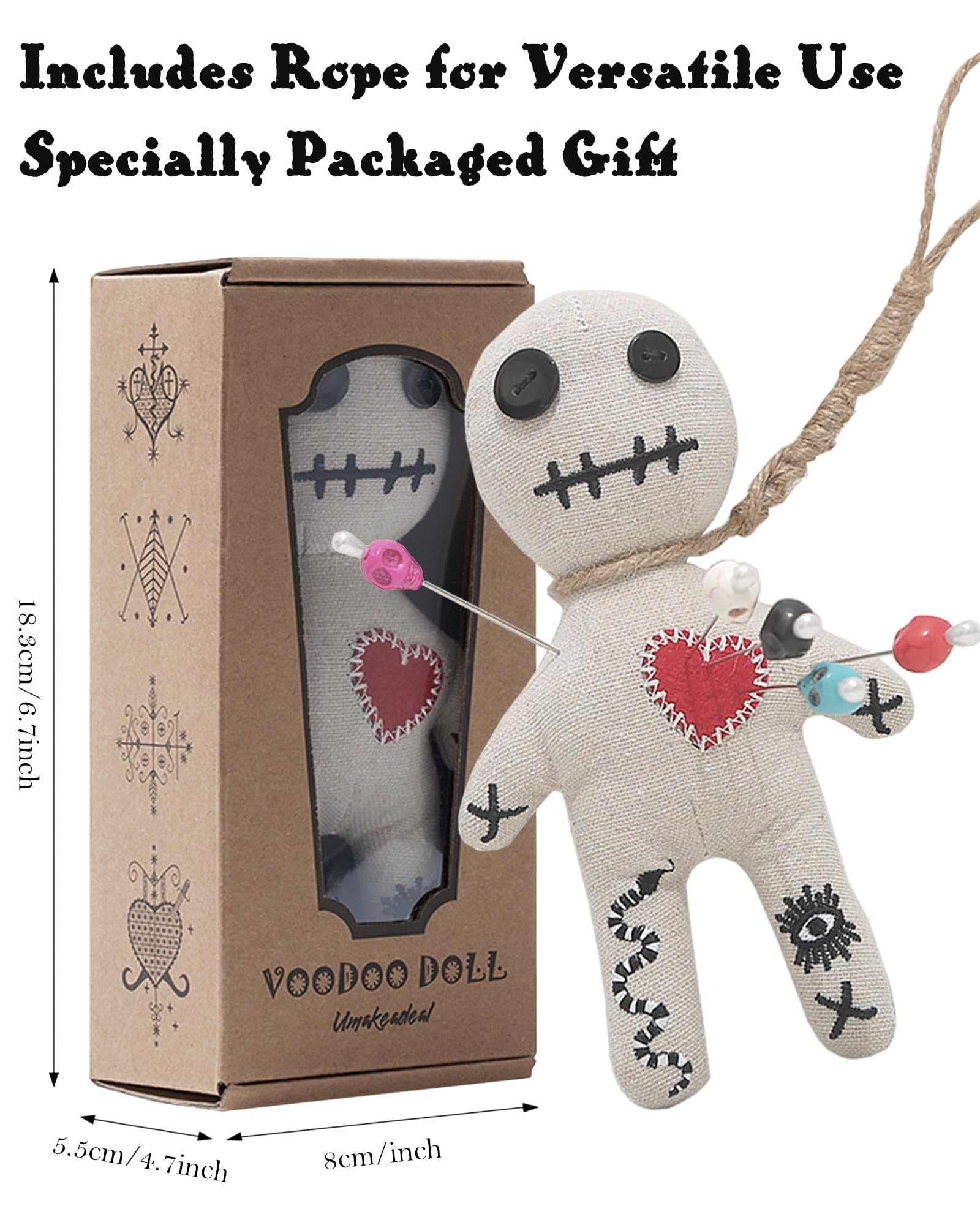 Umakeadeal Voodoo Doll Set Include Spell Cards and 7 Pcs Stress Relief Pins, Dammit Creepy Ghost Doll for Halloween Decoration Ornaments Fidget Toys